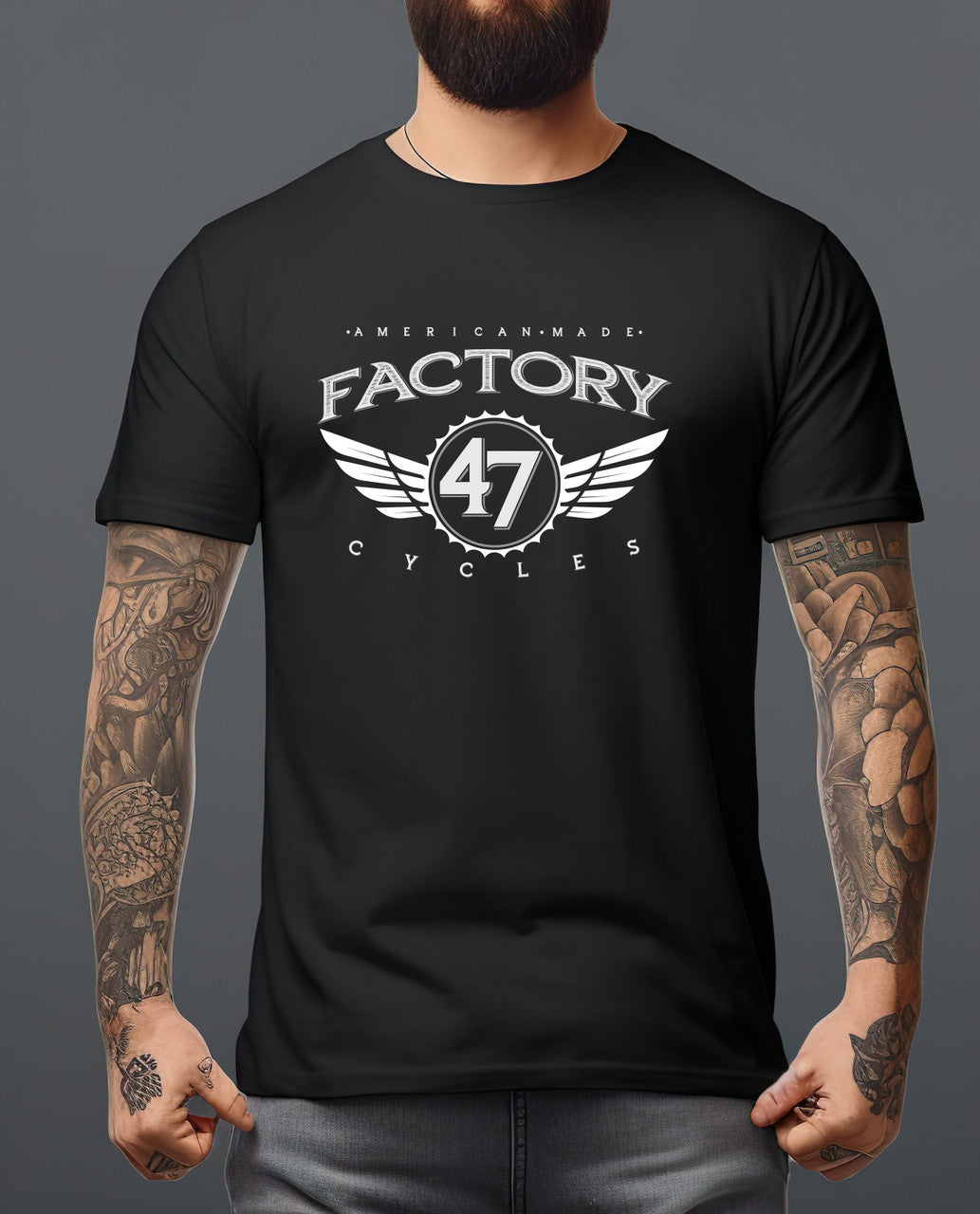 47 Winged Black T-shirt by Factory 47 Cycles