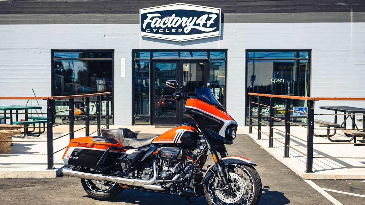 Factory 47 Cycles shop in Whittier, CA with a Harley-Davidson Street Glide out front