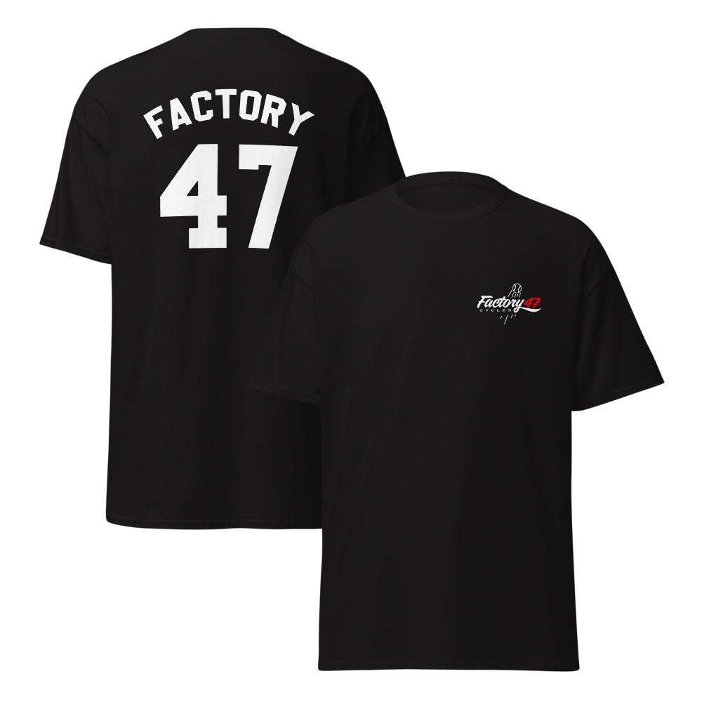 Factory 47 tee, front and back — shirt design varies